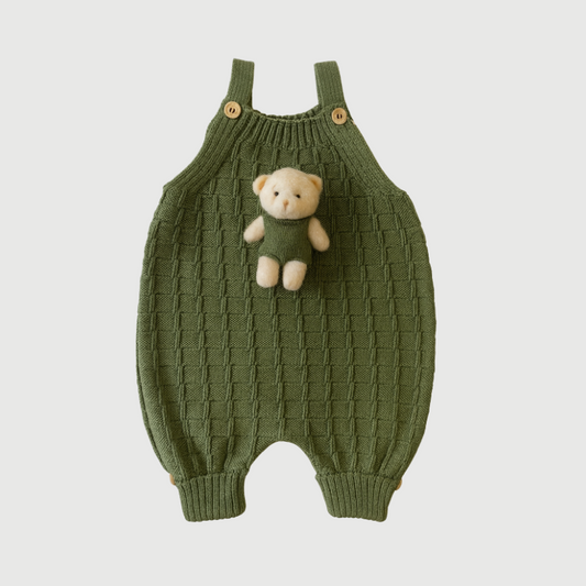 Jardineira Bebê Tricot Ursinho Verde Musgo