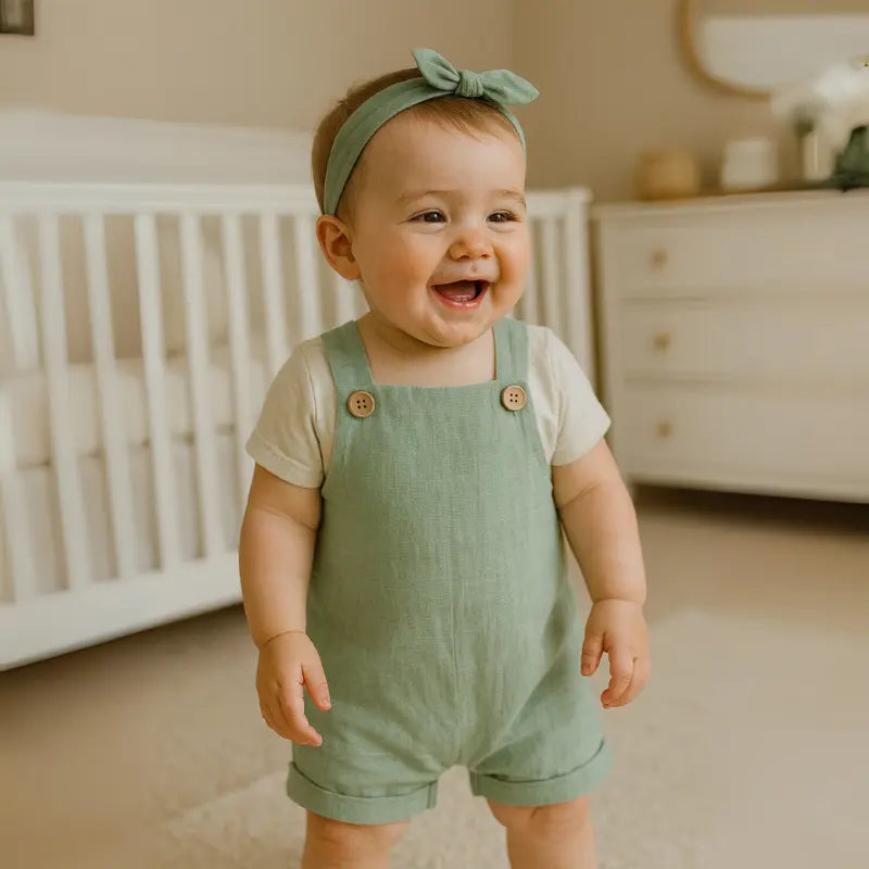 jardineira curta em linho verde para bebê de 3 a 12 meses