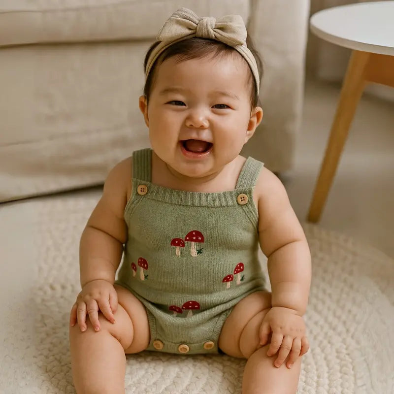 jardineira de tricot verde com estampa de cogumelos para bebê

