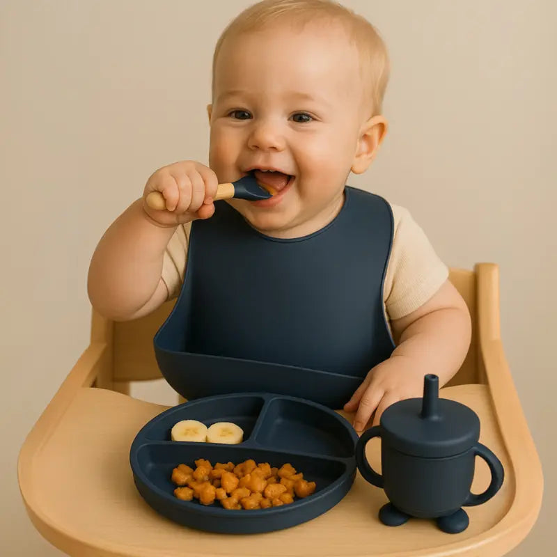 kit alimentação bebê 6 peças em silicone azul marinho

