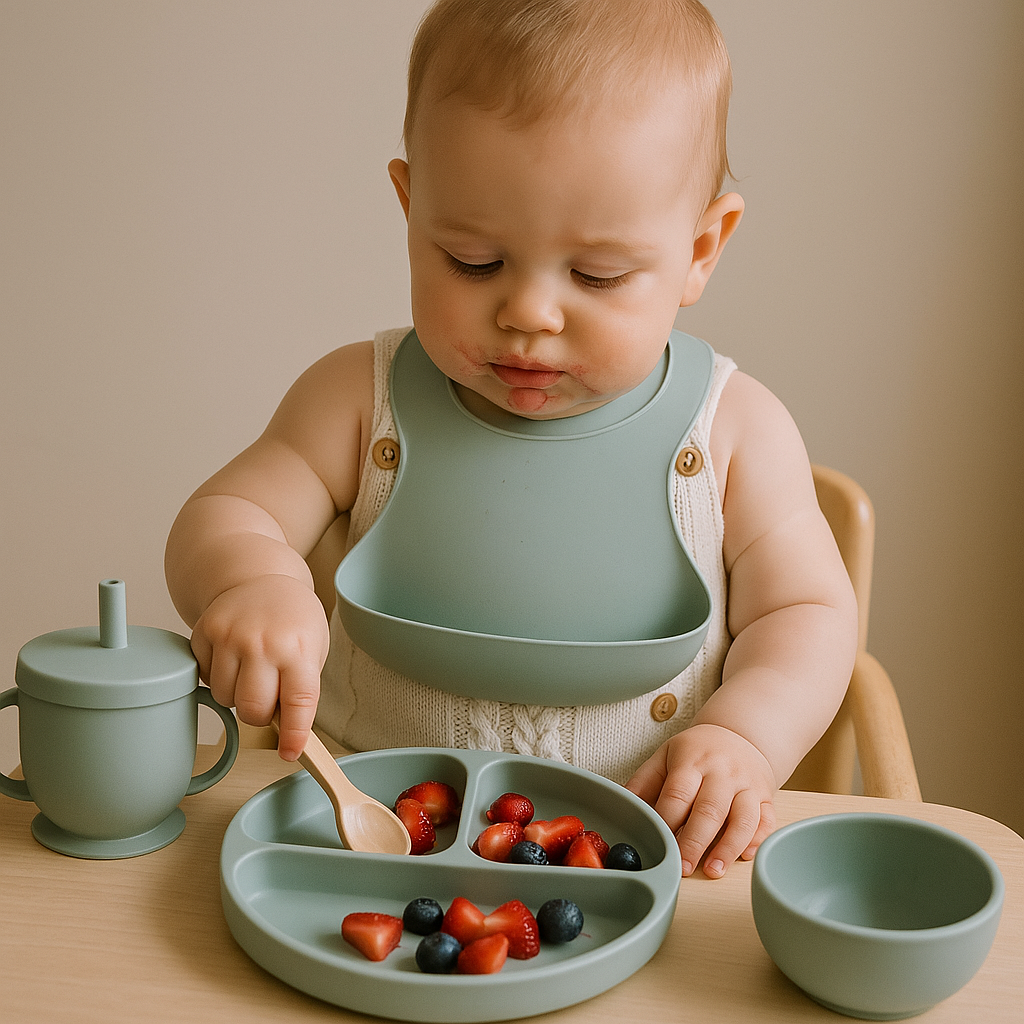 kit alimentação completo em silicone verde para bebê

