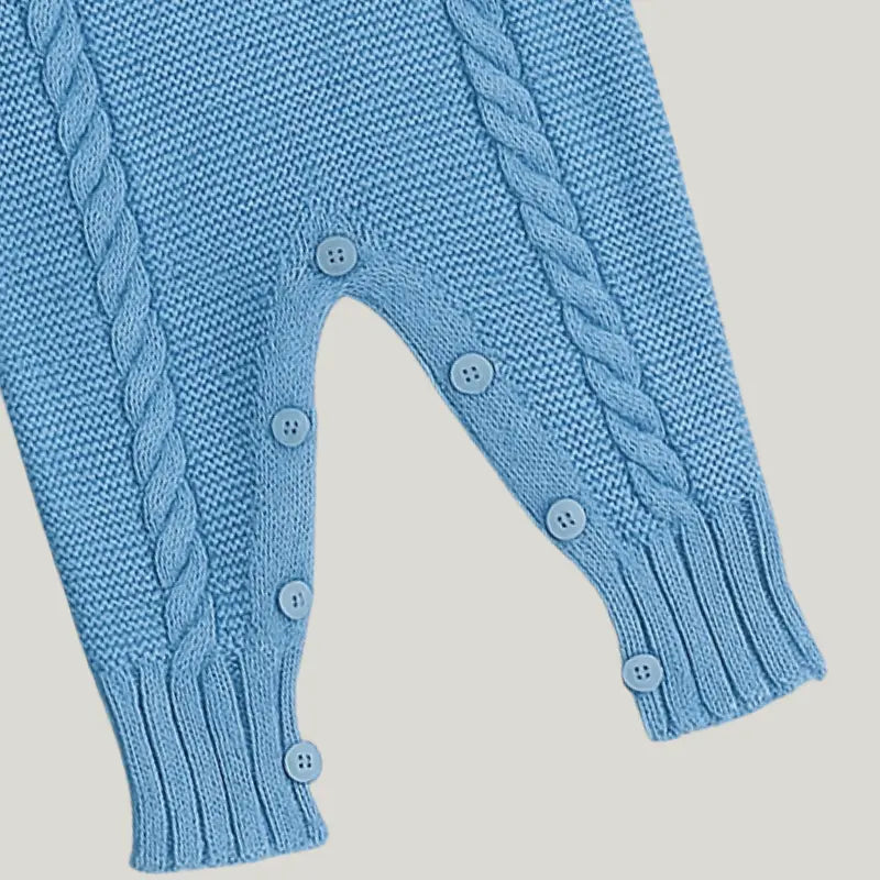 kit enxoval masculino em tricot azul com macacão e manta

