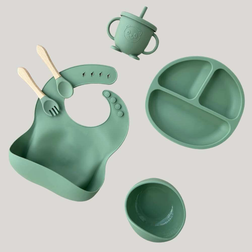 kit hora do papá com prato, colher e babador em silicone

