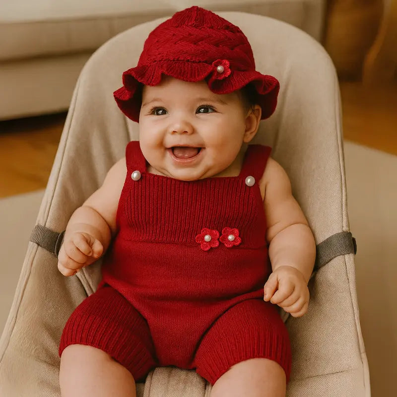 kit jardineira e chapeuzinho de tricot vermelho para bebê