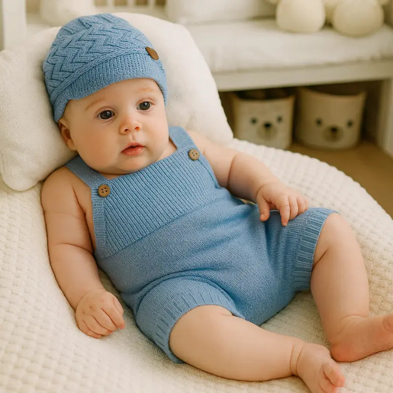 kit jardineira e touca boina azul para bebê de 3 a 12 meses