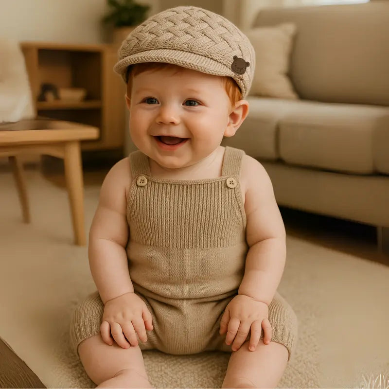 kit jardineira e touca boina bear caqui para bebê de 3 a 12 meses