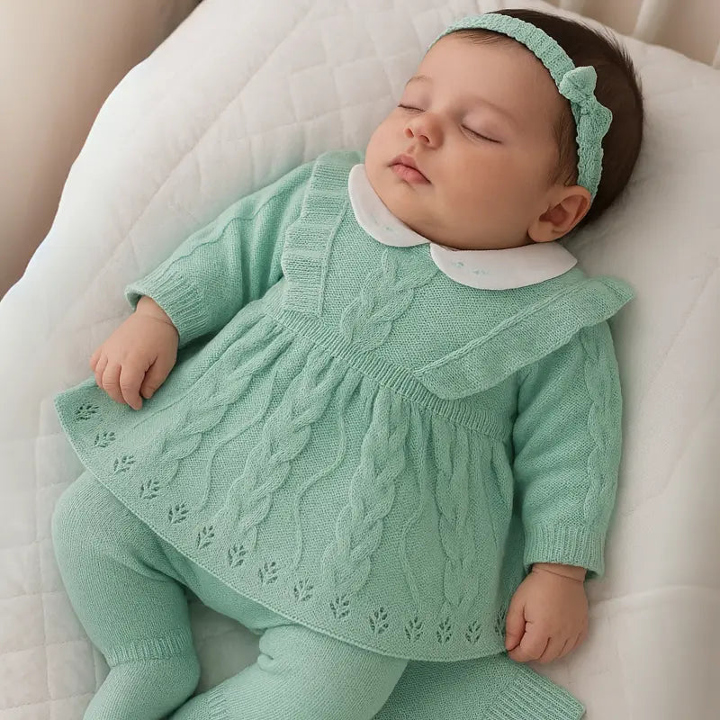 kit saída de maternidade tricot verde água para bebê menina

