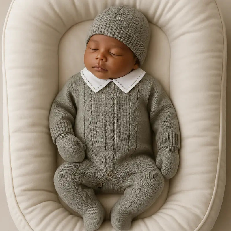 kit saída de maternidade tricot verde musgo para bebê menino

