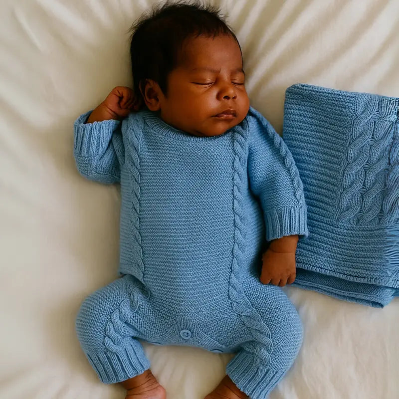 kit saída maternidade menino azul em tricot 2 peças

