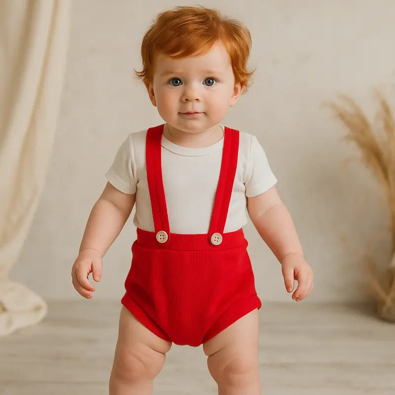 look elegante bebê com suspensório vermelho