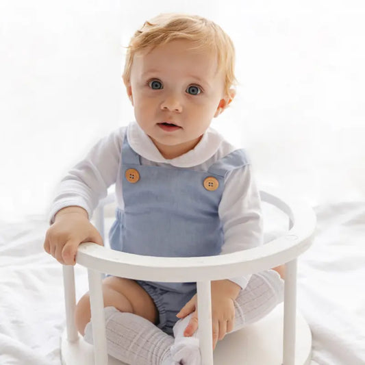 roupa clássica de linho azul bebê para batizado ou festa

