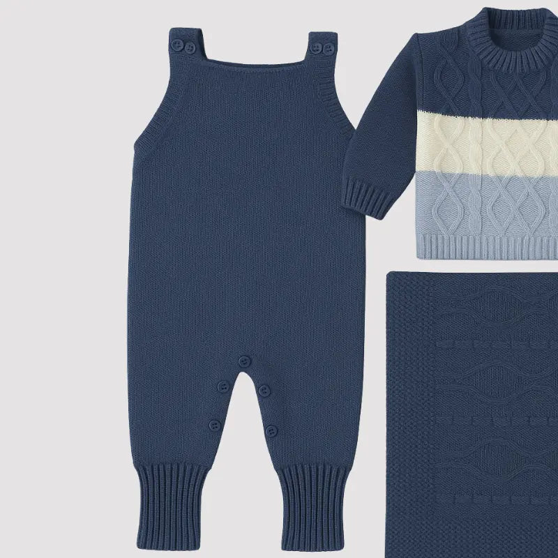 saída maternidade com jardineira, cardigan e manta em tricot