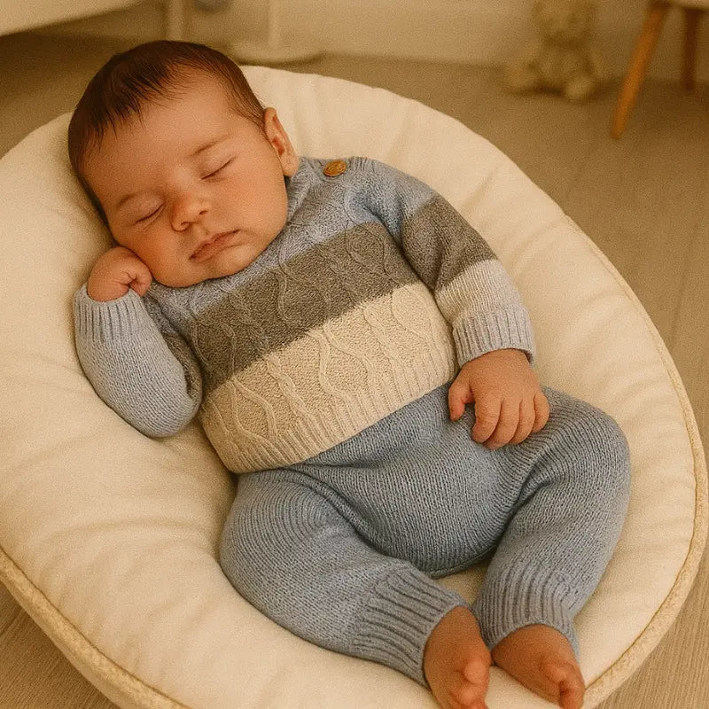 saída maternidade com jardineira, cardigan e manta em tricot