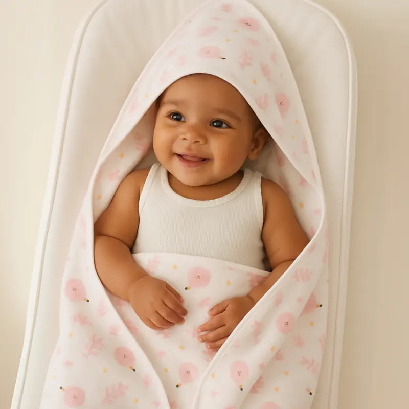 toalha de banho rosa para bebê com capuz de cisne

