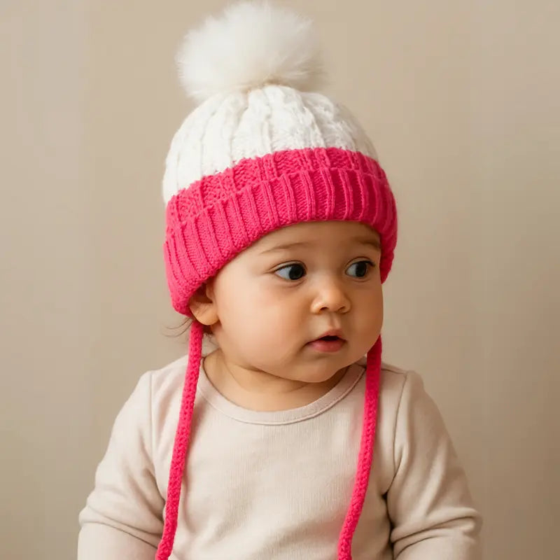 touca de tricot rosa com listras para bebê menina

