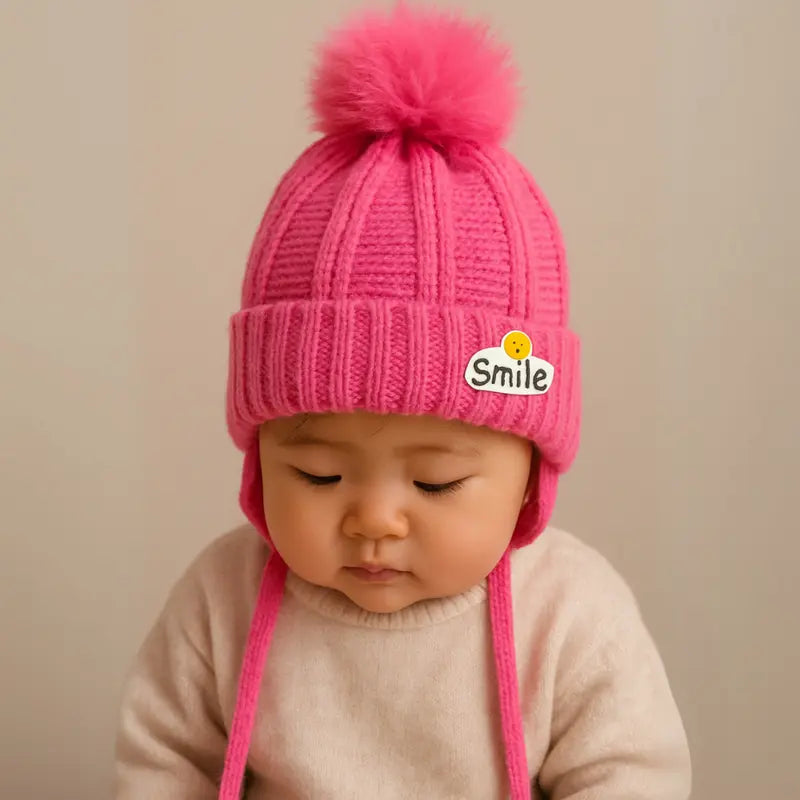 touca de tricot rosa  para bebê menina

